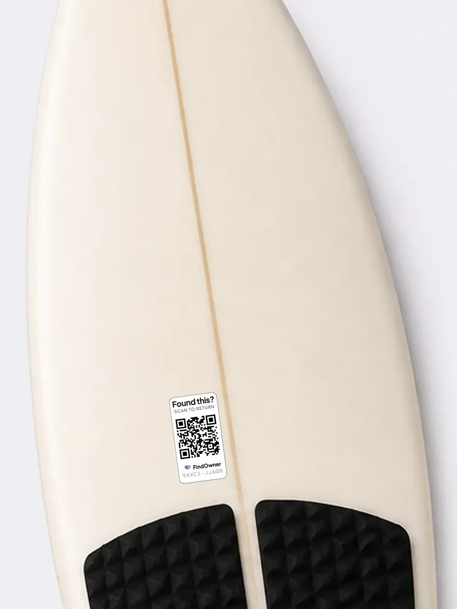 FindOwner tag on a surfboard