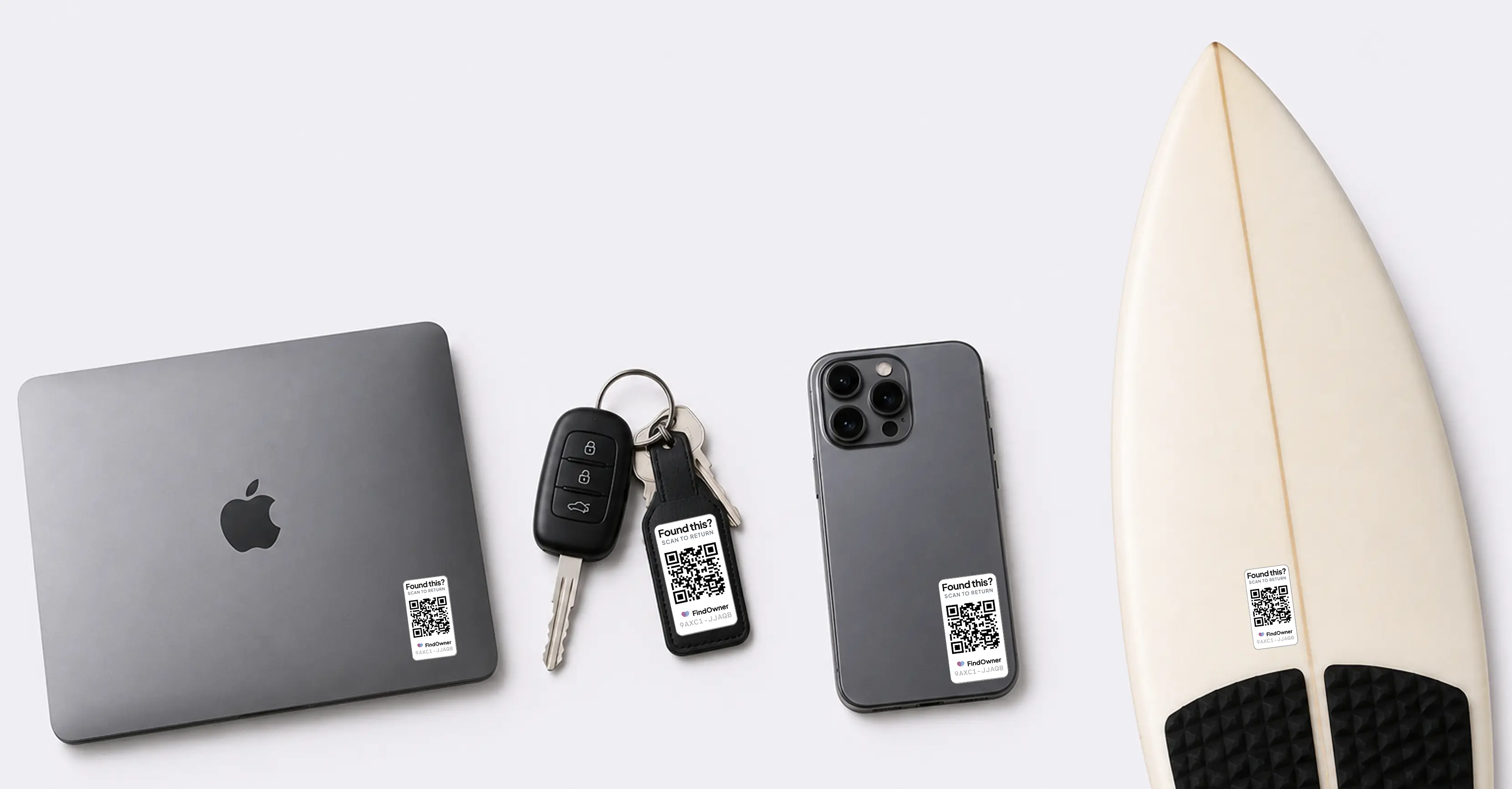 FindOwner tags on a laptop and car keys