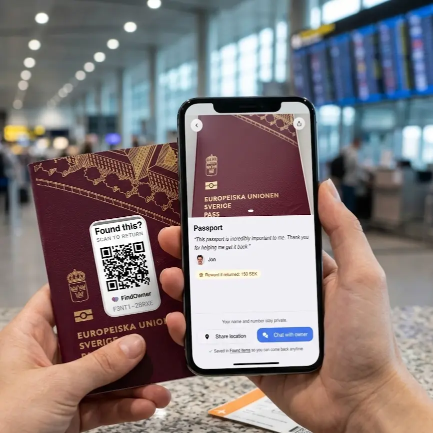 A finder at the airport scanning the tag on a found passport with their phone.