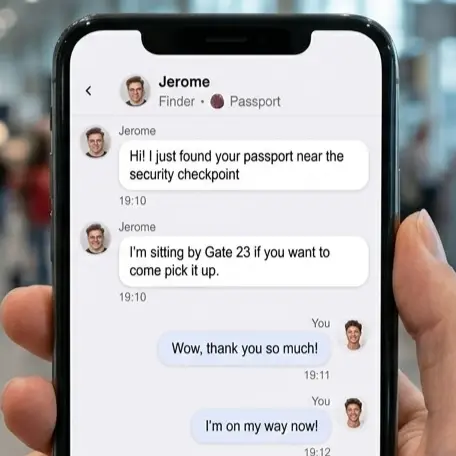 The private chat between finder and owner, arranging to return the passport.